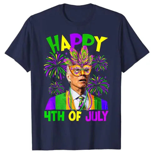 Happy 4th of July Joe Biden Mardi Gras Party Carnival T-Shirt Men Clothing Sarcastic Joke Sayings Quote Graphic Tee Casual Tops