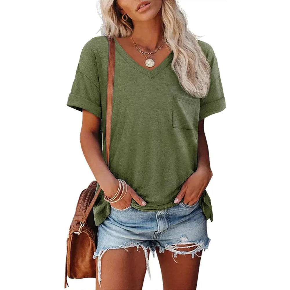 Womens T Shirts 2025 Short Sleeve V-Neck Shirts Cute Fit Summer Casual Tee Tops S-XXL