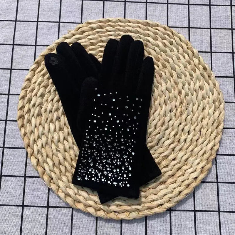 Fashion Diamonds Glove Women Vintage Winter Touch Screen Full Finger Warm Windproof Cycling Driving Female Gloves Mittens