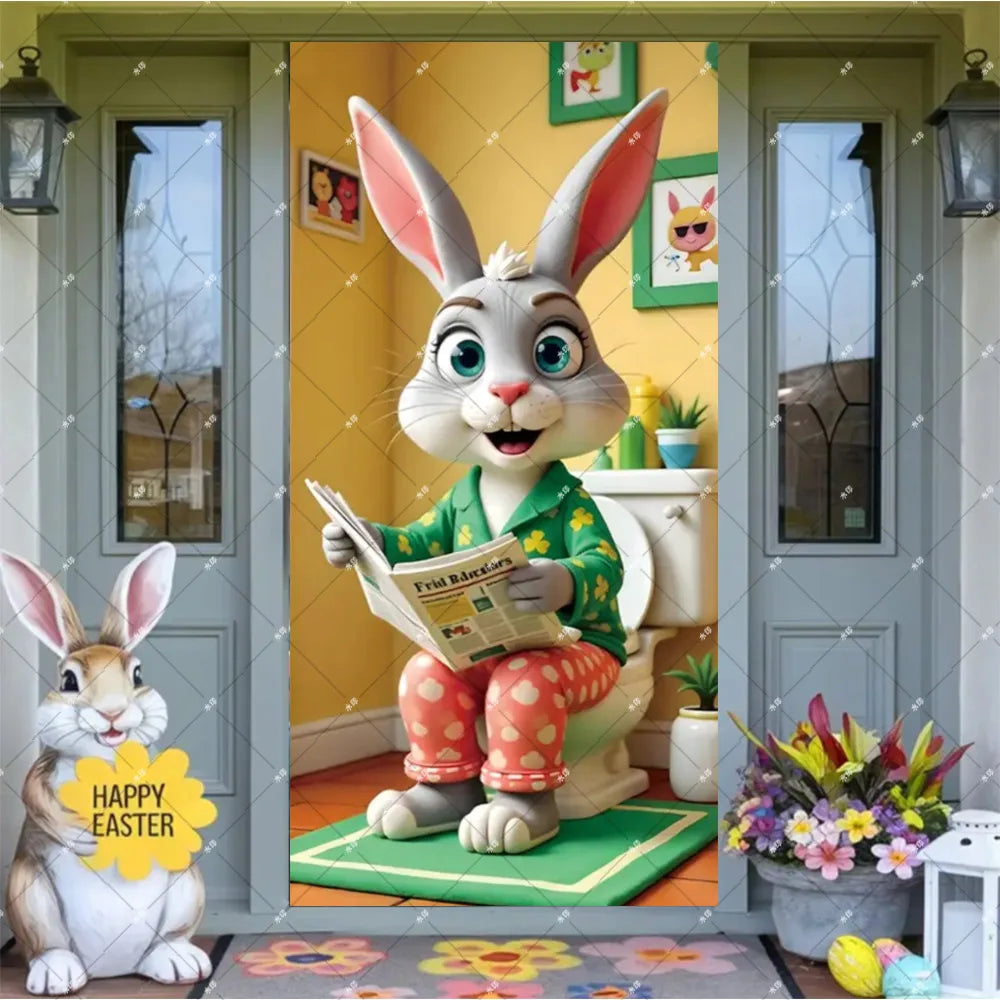 Spring Easter Theme Charming Rabbit On The Toilet Grass Flower Eggs Door Banner Cover Backdrop Easter Festival Party Porch Decor