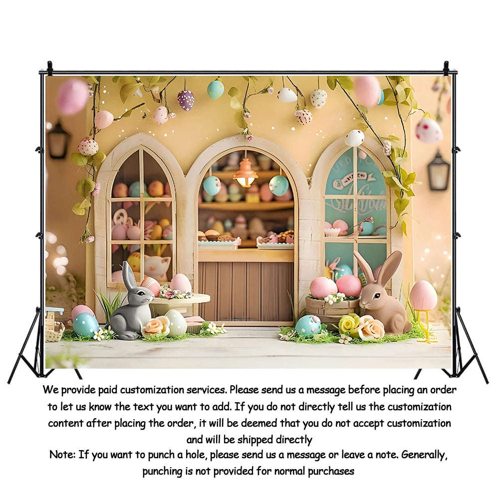Easter Photography Background Party Decoration Spring Flowers Green Grass Wooden Door Rabbit Bunny Eggs Baby Portrait Photo Prop