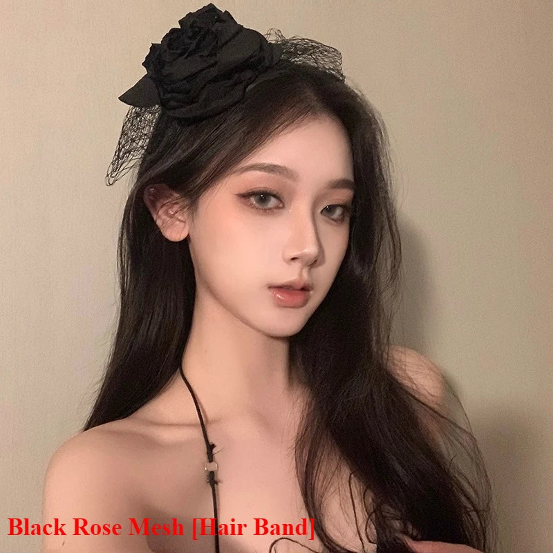 Gothic Subcultur Lace Bow Veil Small Fedoras Hats for Women Harajuku Lolita Feather Floral Fascinator Headband Hat Accessories