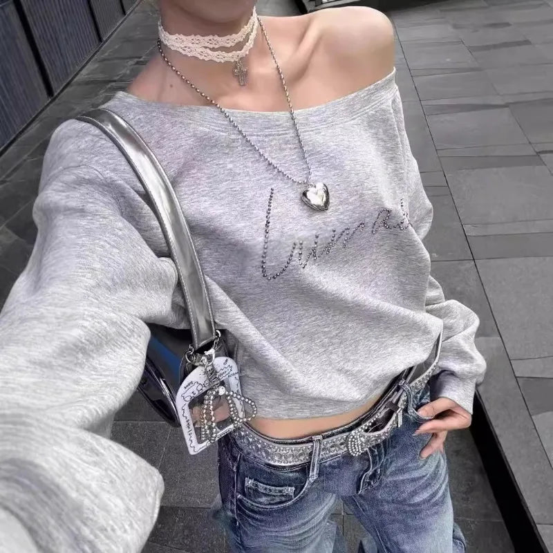 Women Hoodies Autumn Streetwear Off Shoulder Seductive Cropped All-match Sweatshirts Baggy Fashion Print Design Aesthetic Casual