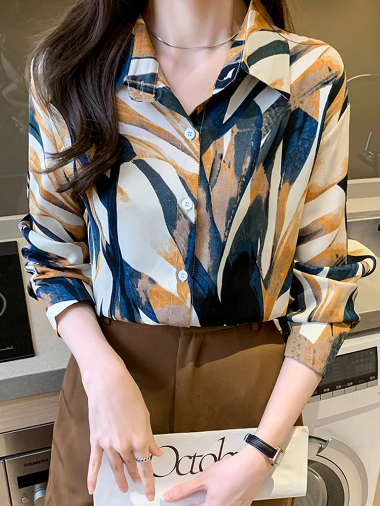 Women Blouse Autumn 2025 Top Vintage Button Up Shirts Female Blouses chic Long Sleeve Chiffon Printing Office Lady tops