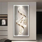 Living room decoration painting, modern minimalist high-end feeling, illuminated corridor with hanging paintings and lights