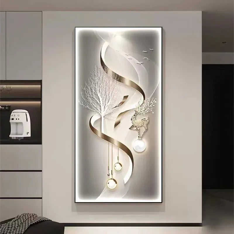 Living room decoration painting, modern minimalist high-end feeling, illuminated corridor with hanging paintings and lights