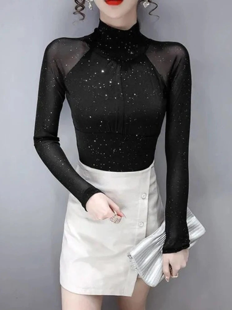 Women's T Shirts Female Tops 2024 Clothes  Glitter Sequin Black Tshirts Rhinestone Mesh Novelties Kpop Korea Stylish Fitted Tees