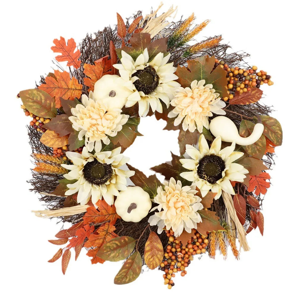 Autumn Door Wreath Christmas Halloween Decoration Pumpkin Berry Pine Cone Maple Artificial Cloth Rattan Material Home Decoration