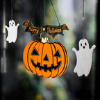 Wooden Halloween Hanging Decor, "Happy Halloween"Banner with Pumpkin Lantern & Ghost Ornaments, Spooky Wall Decor for Home Party