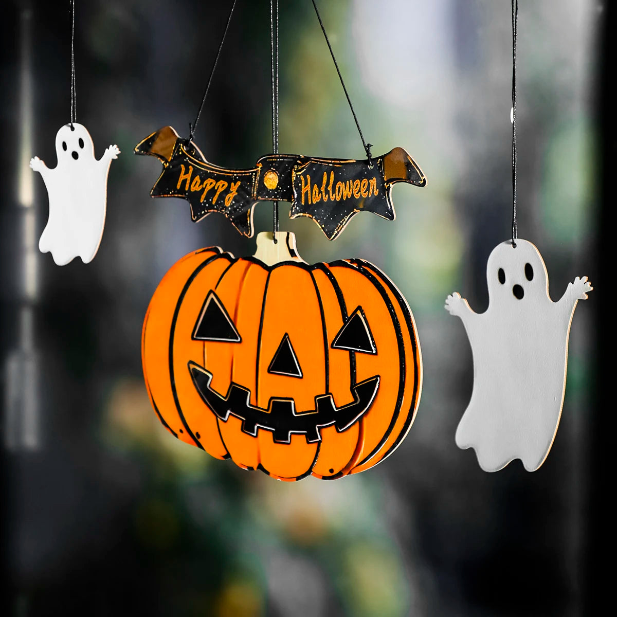 Wooden Halloween Hanging Decor, "Happy Halloween"Banner with Pumpkin Lantern & Ghost Ornaments, Spooky Wall Decor for Home Party