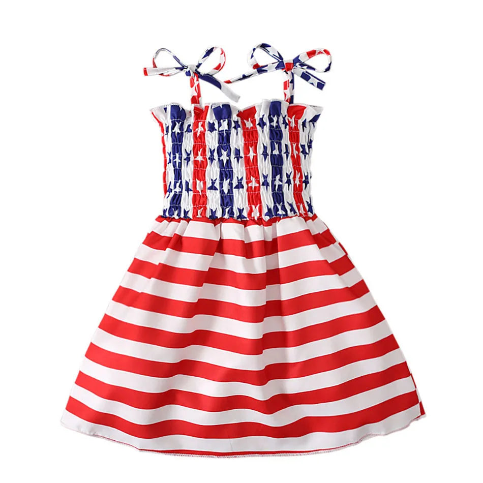 Charming 4th of July Summertime Girls Casual Dresses Sling Patriotic Pattern and Cartoon Printed Playful Butterflies and Stars
