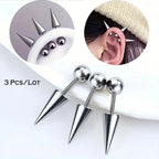 3 stainless steel tapered stud earrings, lip studs, punk-style piercing accessory, hypoallergenic