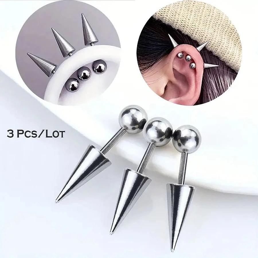 3 stainless steel tapered stud earrings, lip studs, punk-style piercing accessory, hypoallergenic