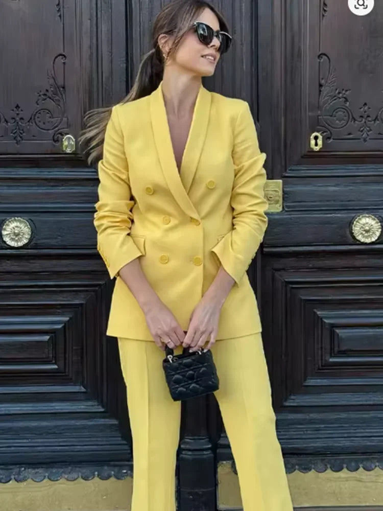 Office Lady Suits Two Piece Pant Set Turn-Down Collar Long Sleeve Double-Breasted Blazers+Mid Waist Zipper Flared Pants