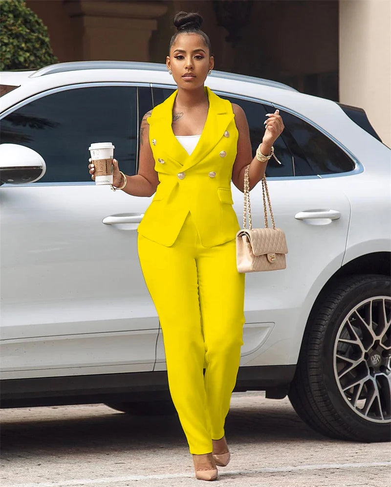 Business OL Work Wear Two Piece Pant Suits for Women Set Elegant Sleeveless Blazer Top + Pencil Pants Office Lady Matching Sets