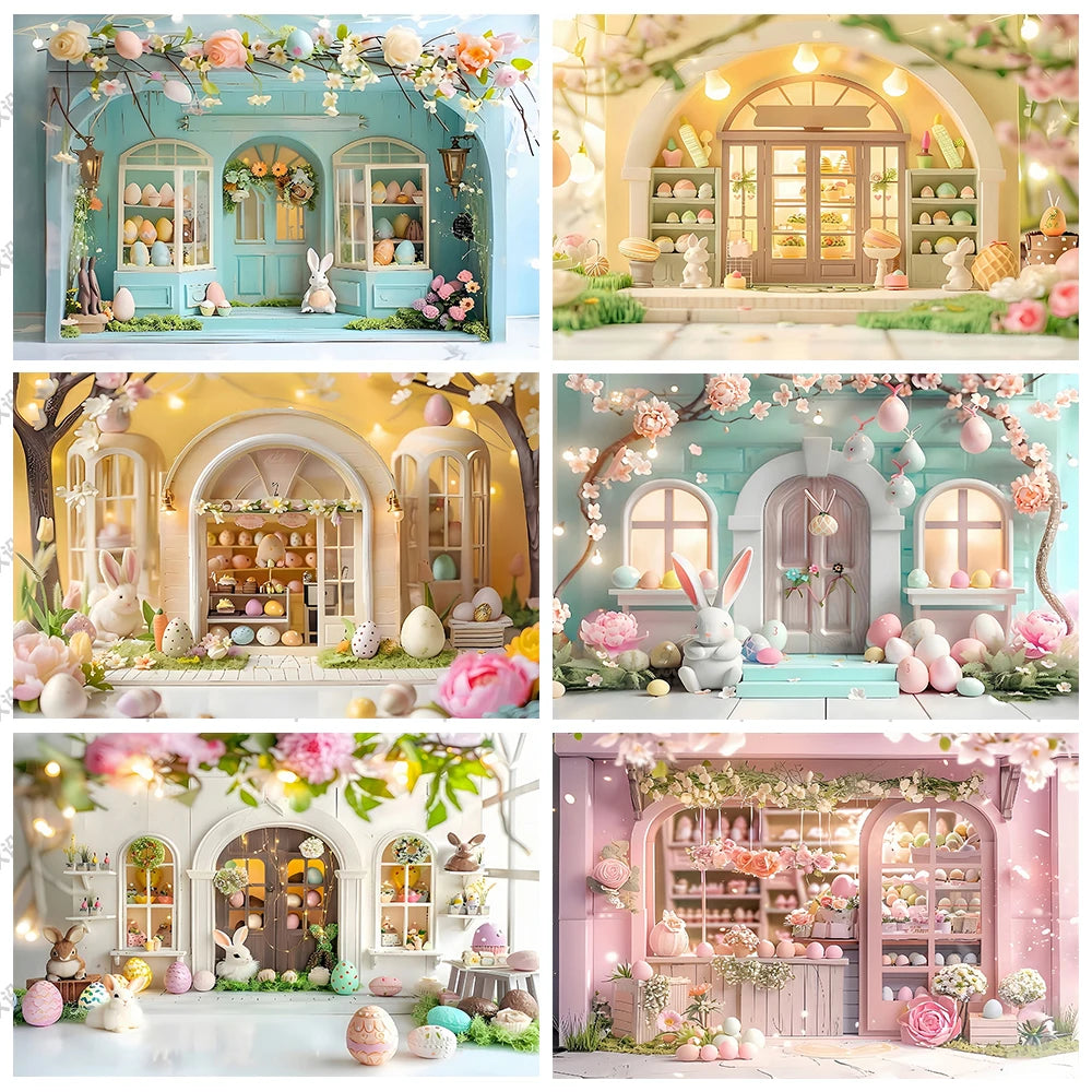Easter Photography Background Party Decoration Spring Flowers Green Grass Wooden Door Rabbit Bunny Eggs Baby Portrait Photo Prop