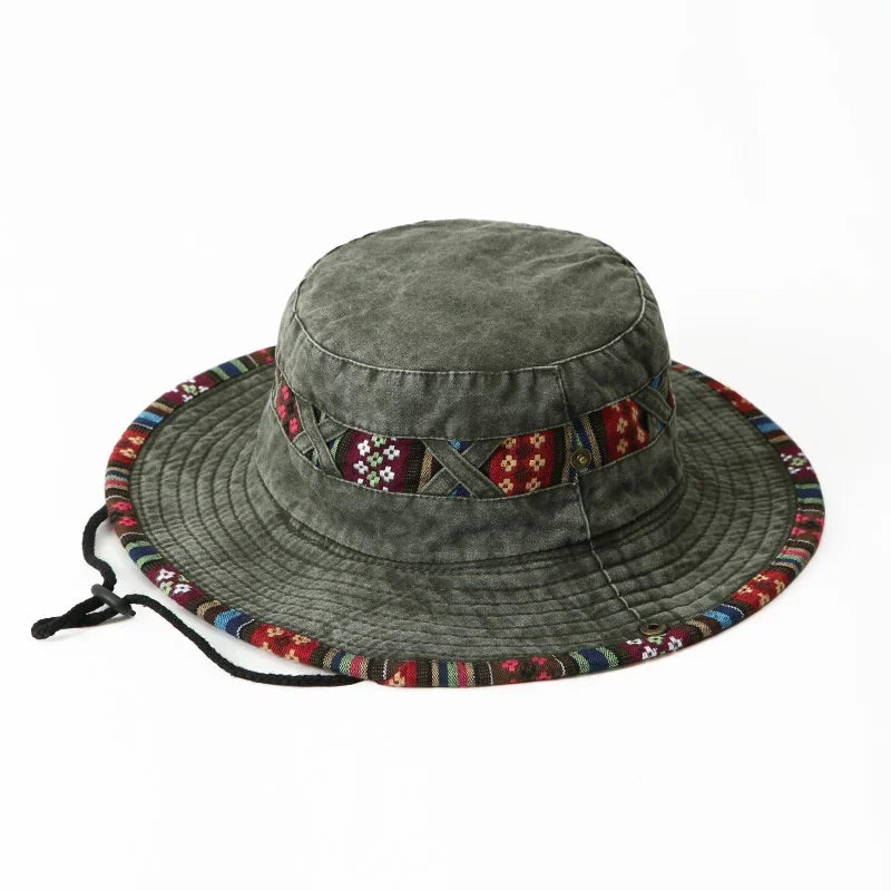 Summer Bucket Hats Retro Printing Cowboy Cap Men Women Outdoor Fishing Hiking Hat Anti UV Sun Caps Cotton Wide Brim Panama Hat