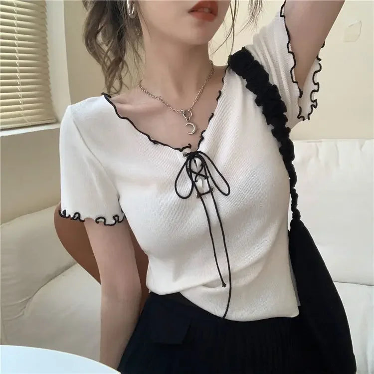 Woman T-shirts Summer White V-neck Top Knitted Short-Sleeved T-shirt for Women Mujer Camisetas