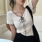 Woman T-shirts Summer White V-neck Top Knitted Short-Sleeved T-shirt for Women Mujer Camisetas