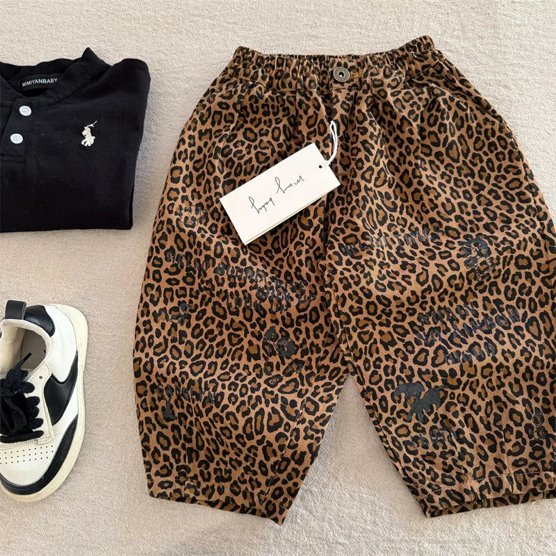 Children's pants 2025 squinting eyes spring boys and girls leopard print casual pants baby Korean wide leg small leg pants