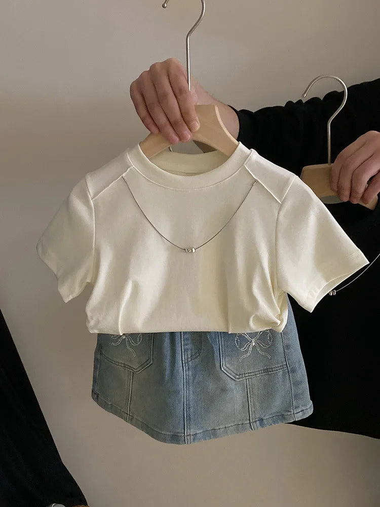 Children T-shirtTide Childrens Clothing New Girl Design Sense T-shirt Tops Versatile Bow Knot Cowboy Short Skirt 2024 Round Collar