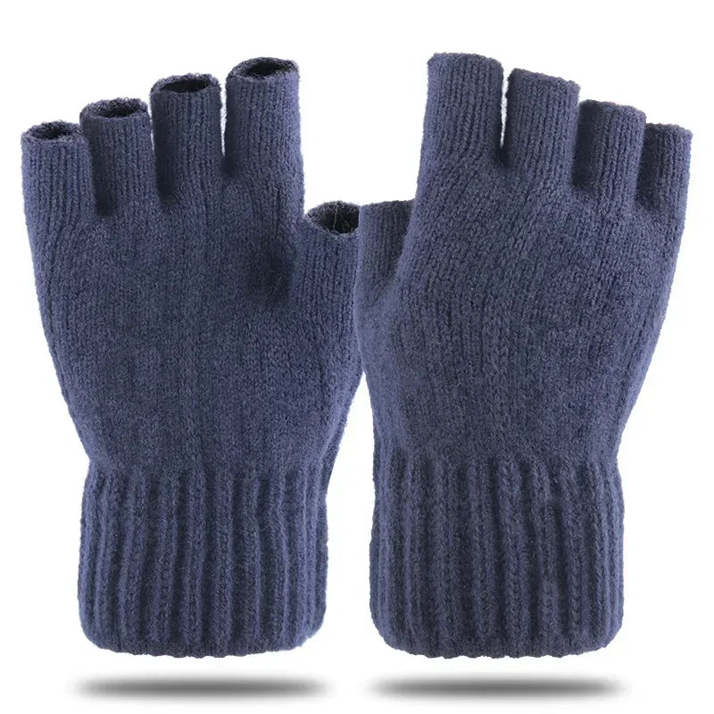 Winter Gloves For Men Half Finger Writting Office Cycling Knitted Gloves Students Alpaca Wool Warm Thick Elastic Driving Gloves