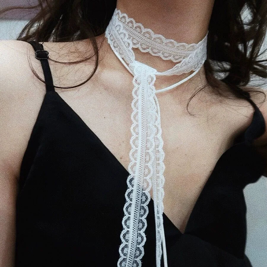 White Lace Necklace Verstile Long Ribbon Layered Clavicle Chain Choker for Girls Daily Wear Neck Decoration Jewelry