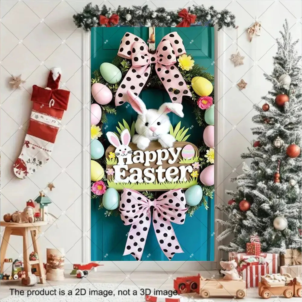 Spring Easter Theme Charming Rabbit On The Toilet Grass Flower Eggs Door Banner Cover Backdrop Easter Festival Party Porch Decor