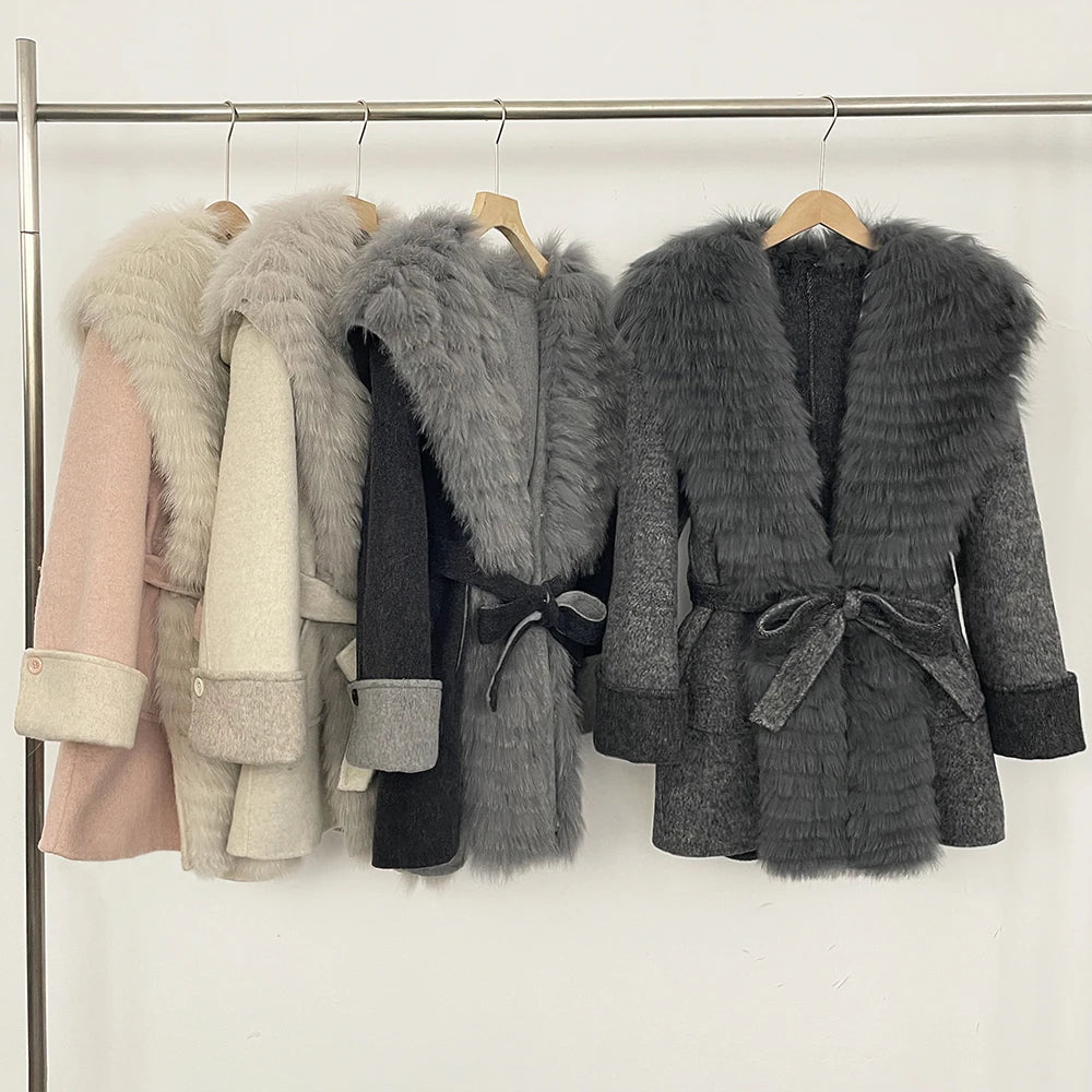 Woolen Coat Female Real Fox Fur Jacket New Autumn Winter Belt Top Clothes Fashion Warm Natural Fur Mid-length Wool Jacket Women