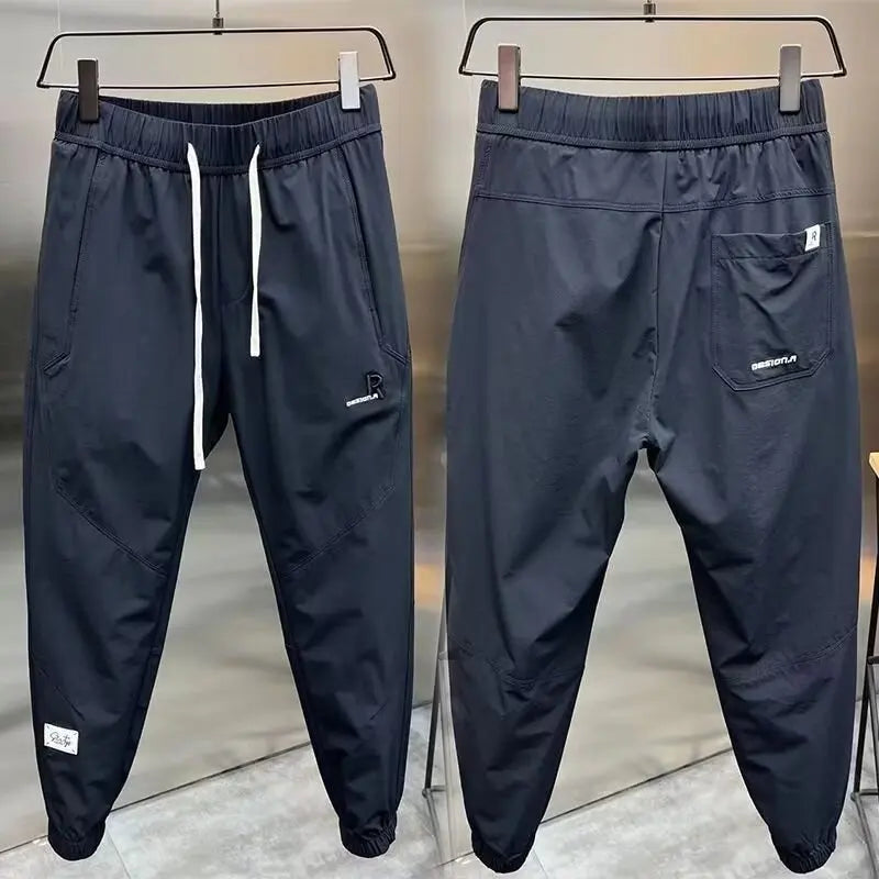 Men's Summer Pants Man Sweatshirt Men's Cropped Trousers Male Clothes Running Jogging Sport Big Size Joggers Ice Silk Pants Gym