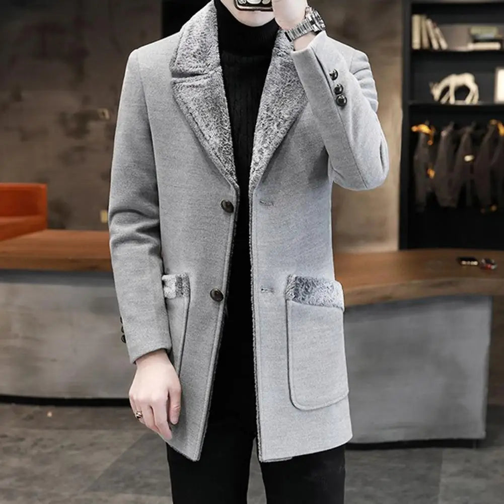 Men Business Jacket Medium Length Single-breasted Plush Collar Overcoat Autumn Winter Woolen Coat Windbreaker Male Trench Coat