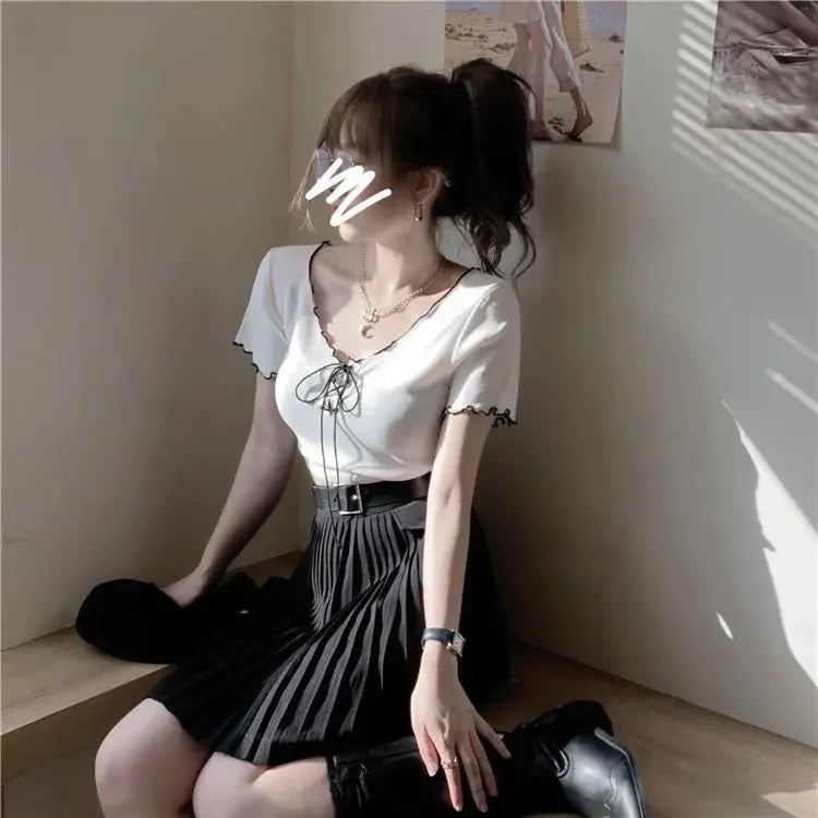 Woman T-shirts Summer White V-neck Top Knitted Short-Sleeved T-shirt for Women Mujer Camisetas