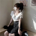 Woman T-shirts Summer White V-neck Top Knitted Short-Sleeved T-shirt for Women Mujer Camisetas