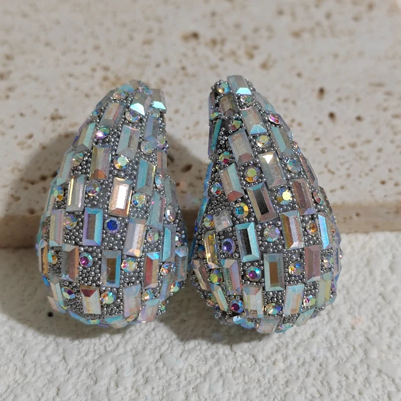 Oversized colorful Stud Earrings with Full Diamonds and Drop-shaped Pendants in European and American Styles