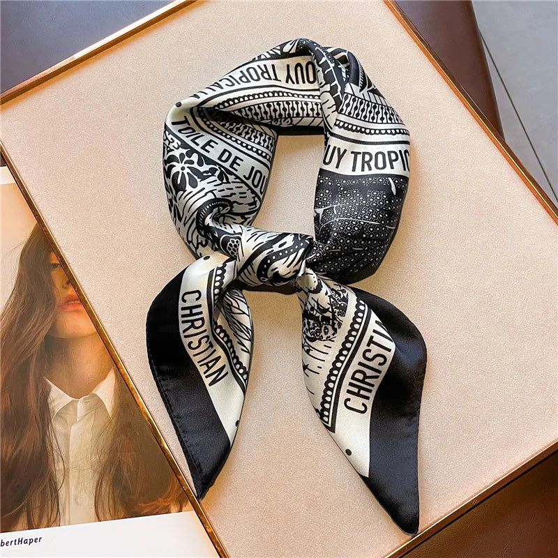 2025 New Women's Soft Satin Hair Scarves Fashion Square Printed Headscarf 70cm Professional Accessories Designer Scarf Headband