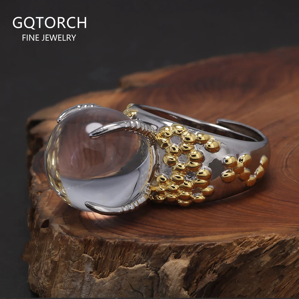 925 Sterling Silver Statement Ring for Women Large Ball Crystal Natural Gemstone Irregular Unique Design Exaggerated Jewelry