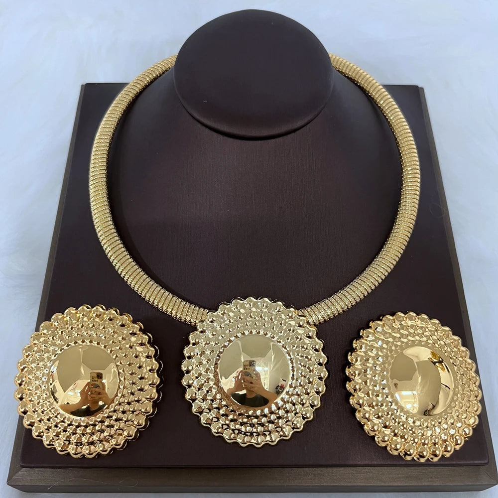 Dubai Jewelry Set for Women Round Beads Pendant Necklace and Earrings Gold Plated Jewelry for Weddings Bride Accessory Gift