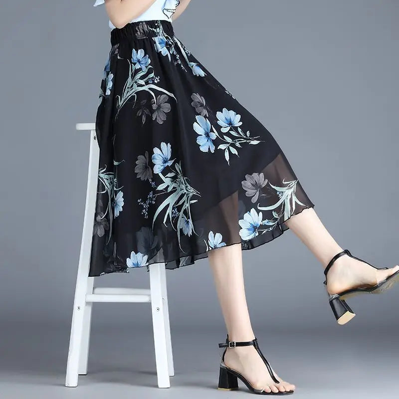 Skirts for Women Chiffon Woman Skirt Floral Midi Summer Casual New In Clothing Sales Modest Luxury Elegant High Quality V Cheap