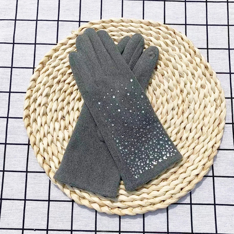 Fashion Diamonds Glove Women Vintage Winter Touch Screen Full Finger Warm Windproof Cycling Driving Female Gloves Mittens