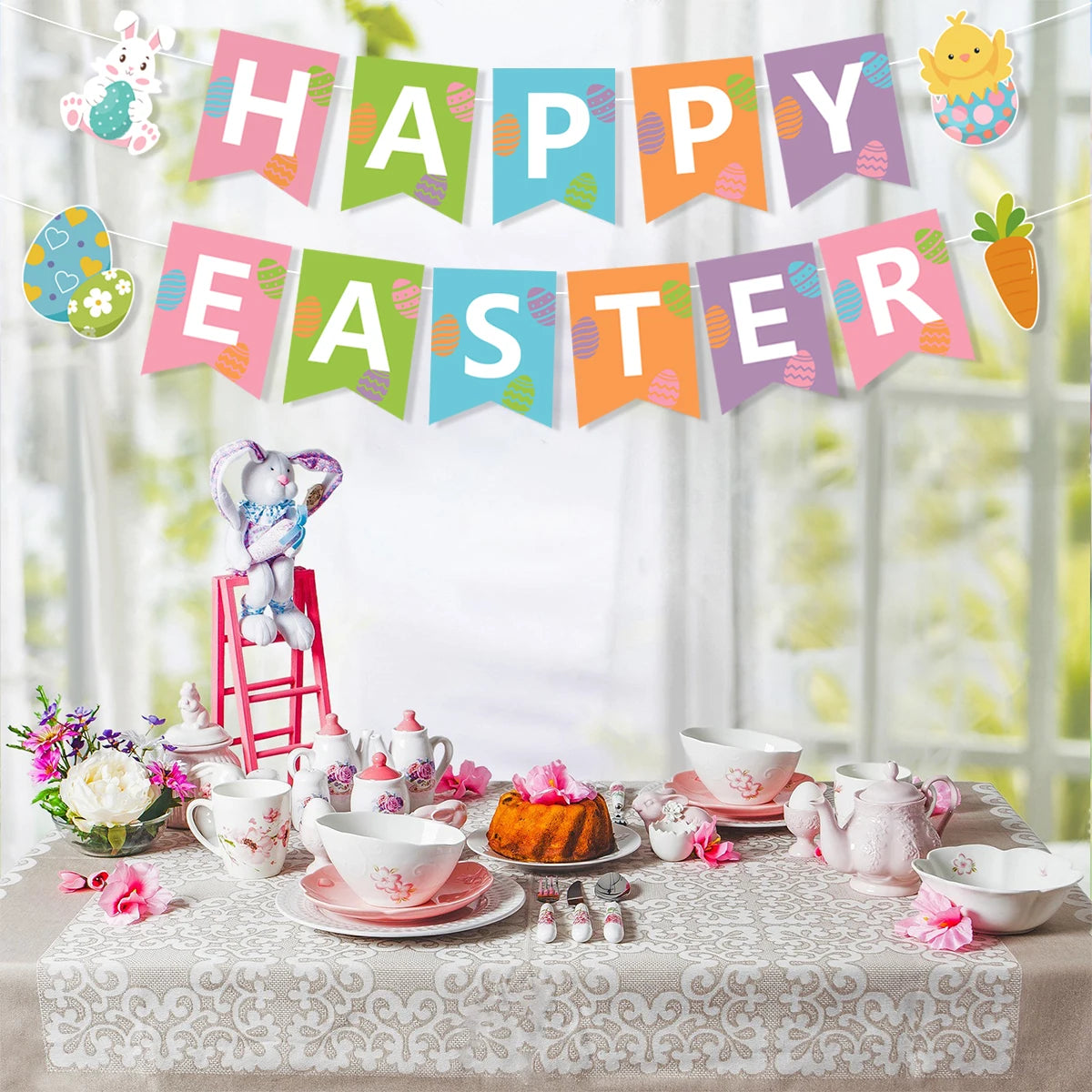 Happy Easter Banner Colorful Bunny Easter Eggs Carrot Banner Garland Signs Spring Themed 2025 Easter Day Decorations for home