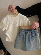 Children T-shirtTide Childrens Clothing New Girl Design Sense T-shirt Tops Versatile Bow Knot Cowboy Short Skirt 2024 Round Collar