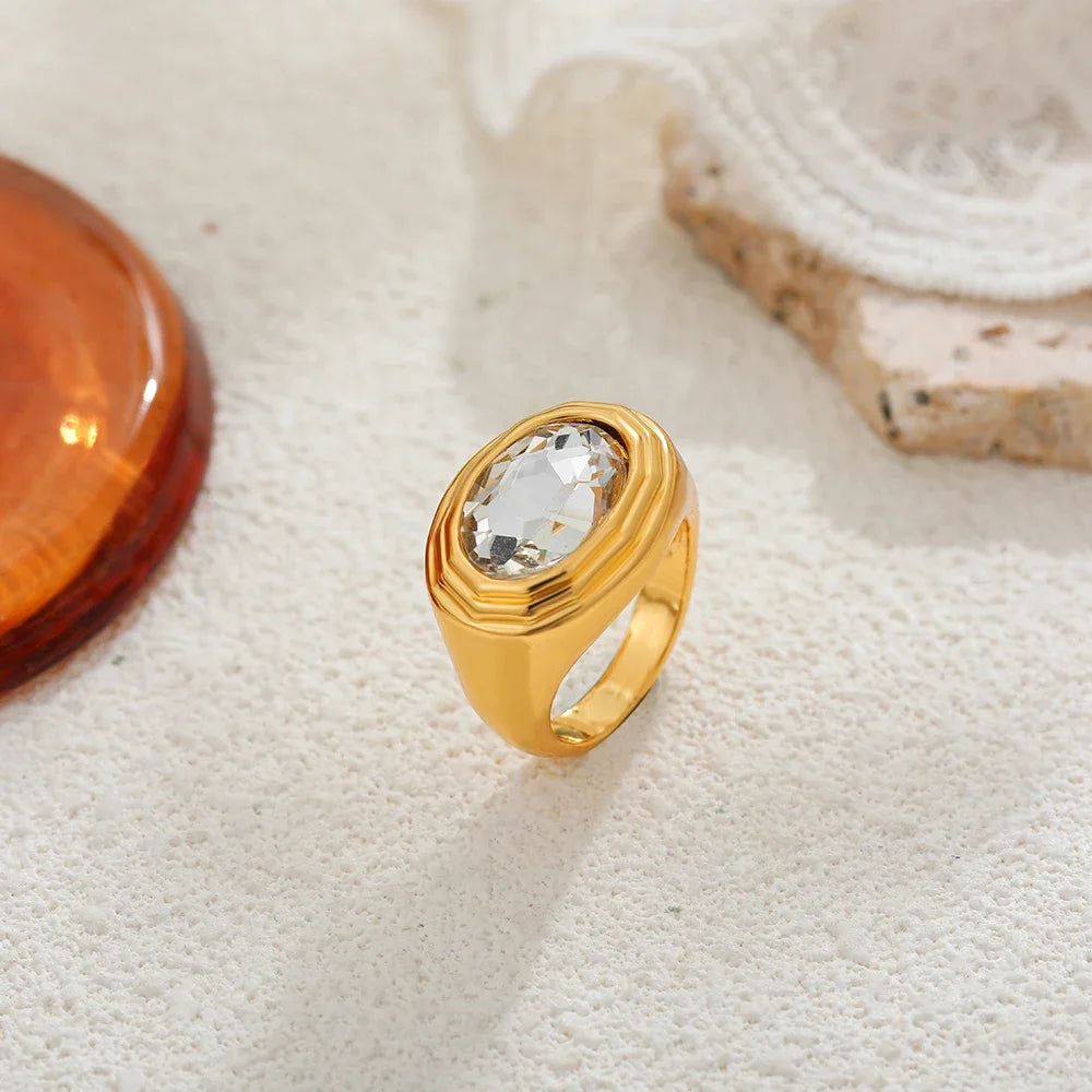 Statement Vintage Oval Big Zircon Ring for Women Gold Plated Stainless Steel Delicate Finger Ring Luxury Jewelry Wedding Gift
