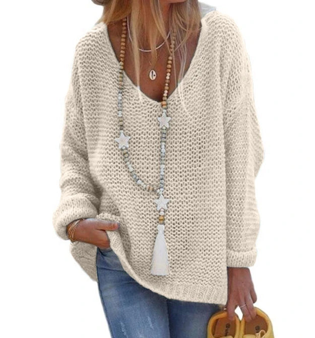 Women's Winter Sweaters Commuting 2024 Winter Solid Color Knitted Sweater V-Neck Long Sleeved Top Loose Fit Pullover Sweater