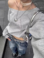 women's hoodies Hoodies Autumn Streetwear Off Shoulder Seductive Cropped All-match Sweatshirts Baggy Fashion Print Design Aesthetic Casual