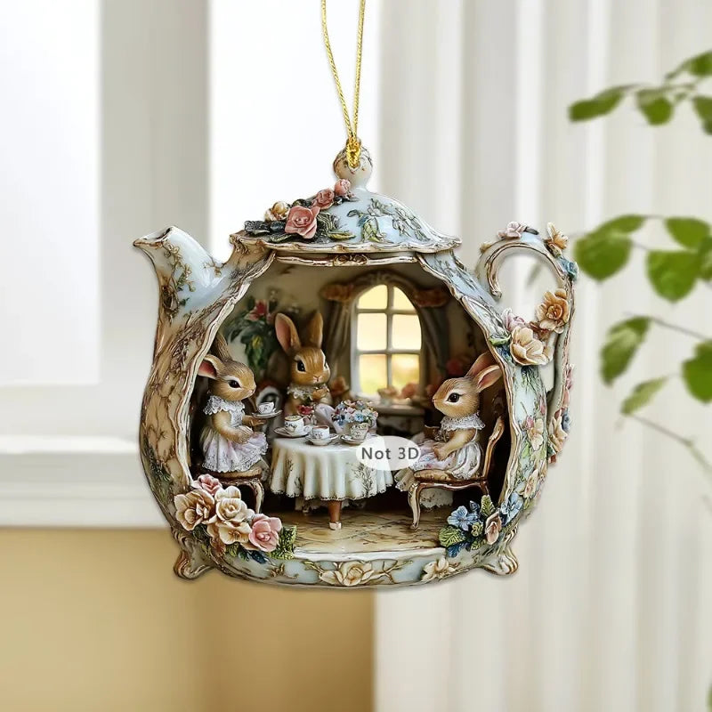 Easter Home Decor Items Rabbit In Teacup Warm Home 2d Acrylic Pendant Backpack Pendant Car