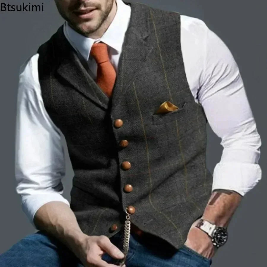 2025 Men's Formal Vests Lapel Tweed Plaid V-neck Waistcoat Slim Vest Business Formal Dress Suit Casual Wedding Tuxedo Male Vest