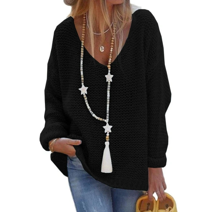 Women's Winter Sweaters Commuting 2024 Winter Solid Color Knitted Sweater V-Neck Long Sleeved Top Loose Fit Pullover Sweater