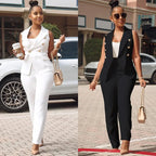 Business OL Work Wear Two Piece Pant Suits for Women Set Elegant Sleeveless Blazer Top + Pencil Pants Office Lady Matching Sets