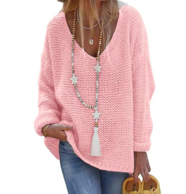 Women's Winter Sweaters Commuting 2024 Winter Solid Color Knitted Sweater V-Neck Long Sleeved Top Loose Fit Pullover Sweater