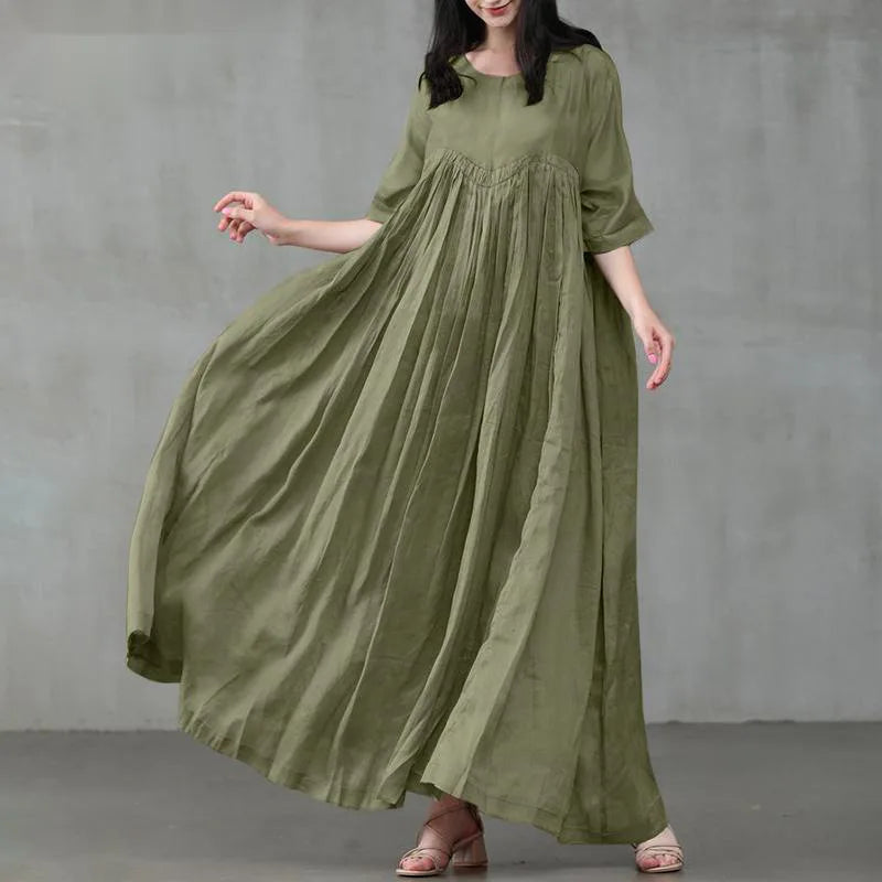 Summer Dresses Women 2023 Casual Fashion Solid Color Round Neck Pleated Cotton Linen Long Dress Elegant Dresses for Women Robe